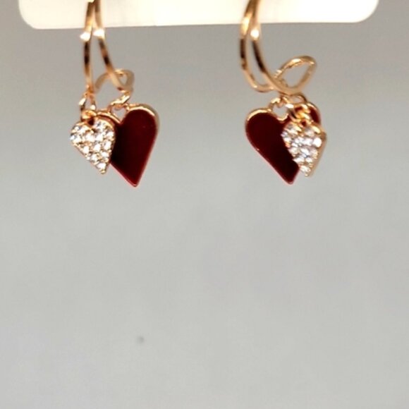Double Heart Dangle Earrings Faux Crystal Red Silver Gold Tone .98 Inch Drop New - Picture 6 of 11